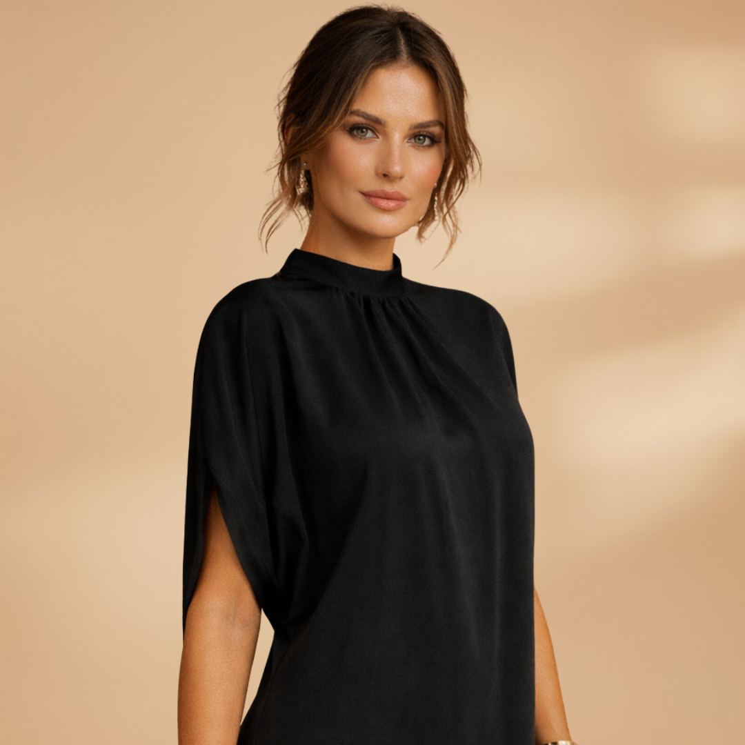 Sophia | Women’s shift dress with mock neck shot split sleeves