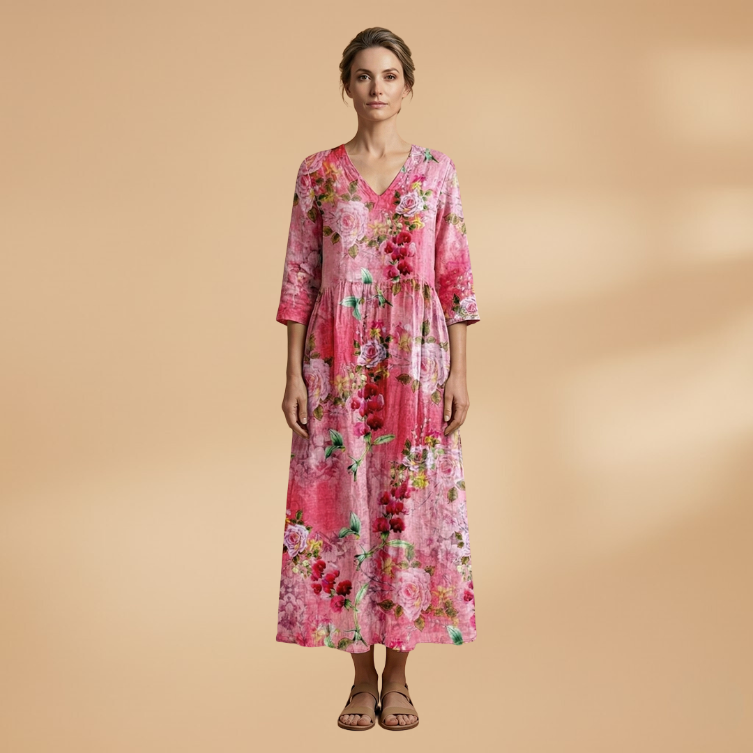Mia | Women’s floral pattern summer dress with V neck