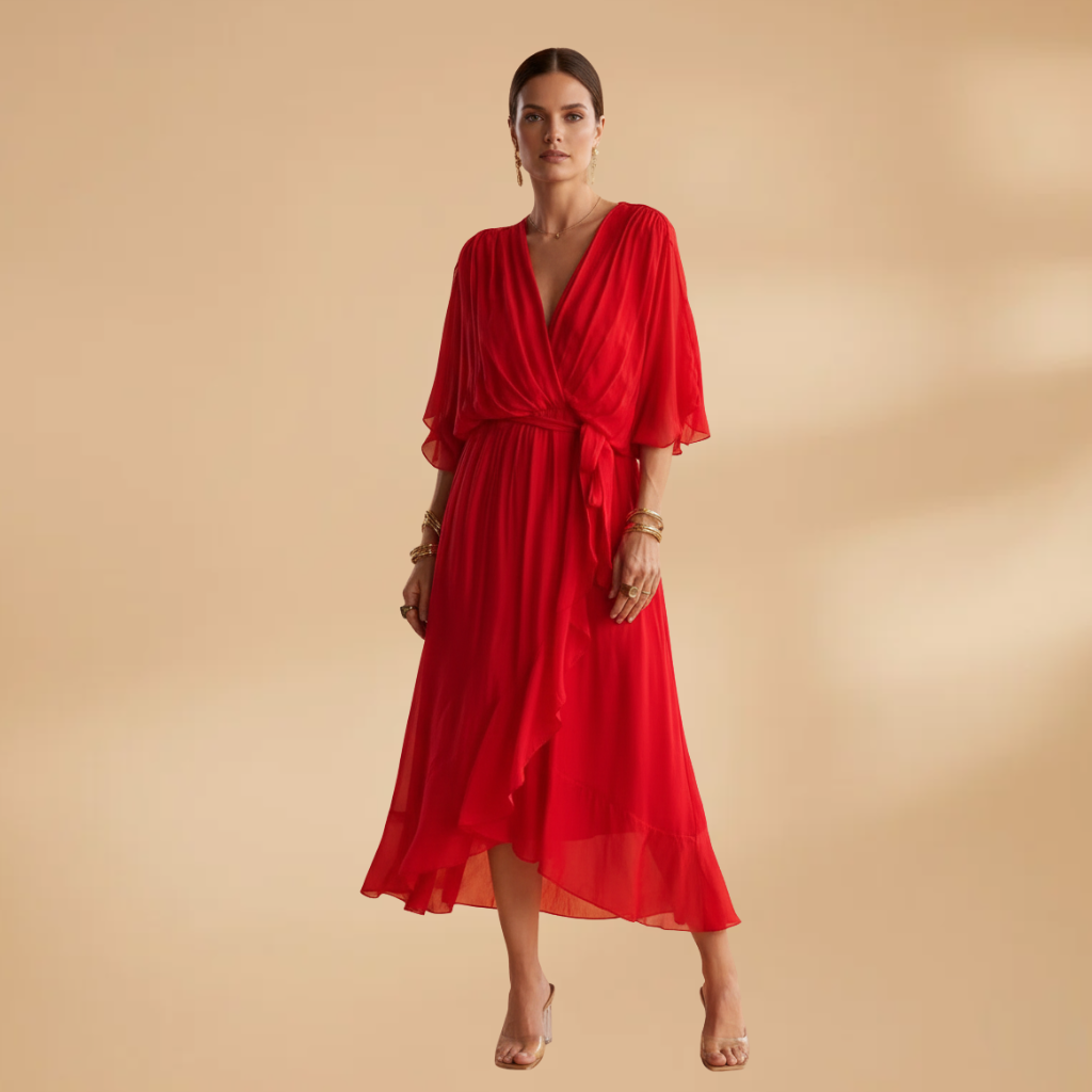 Isabella | Women’s V neck chiffon dress with flowing skirt