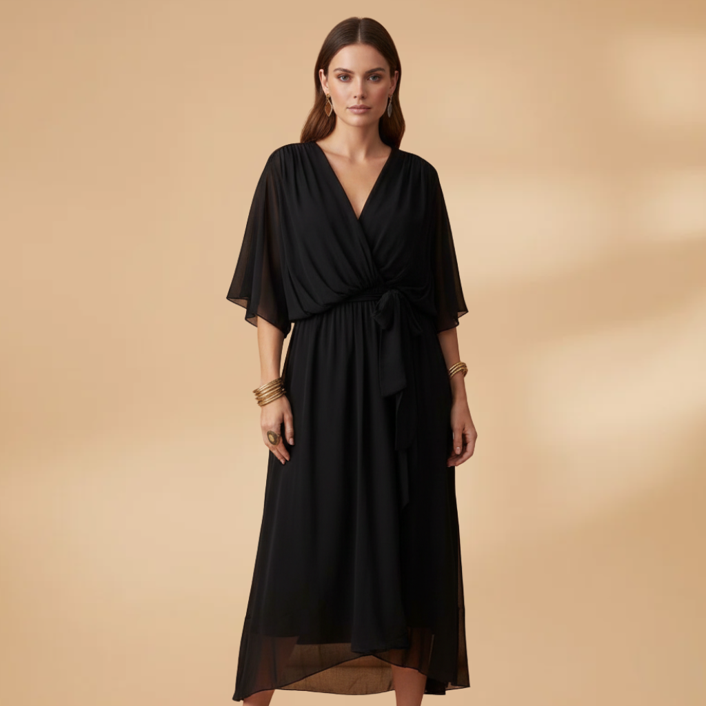 Isabella | Women’s V neck chiffon dress with flowing skirt