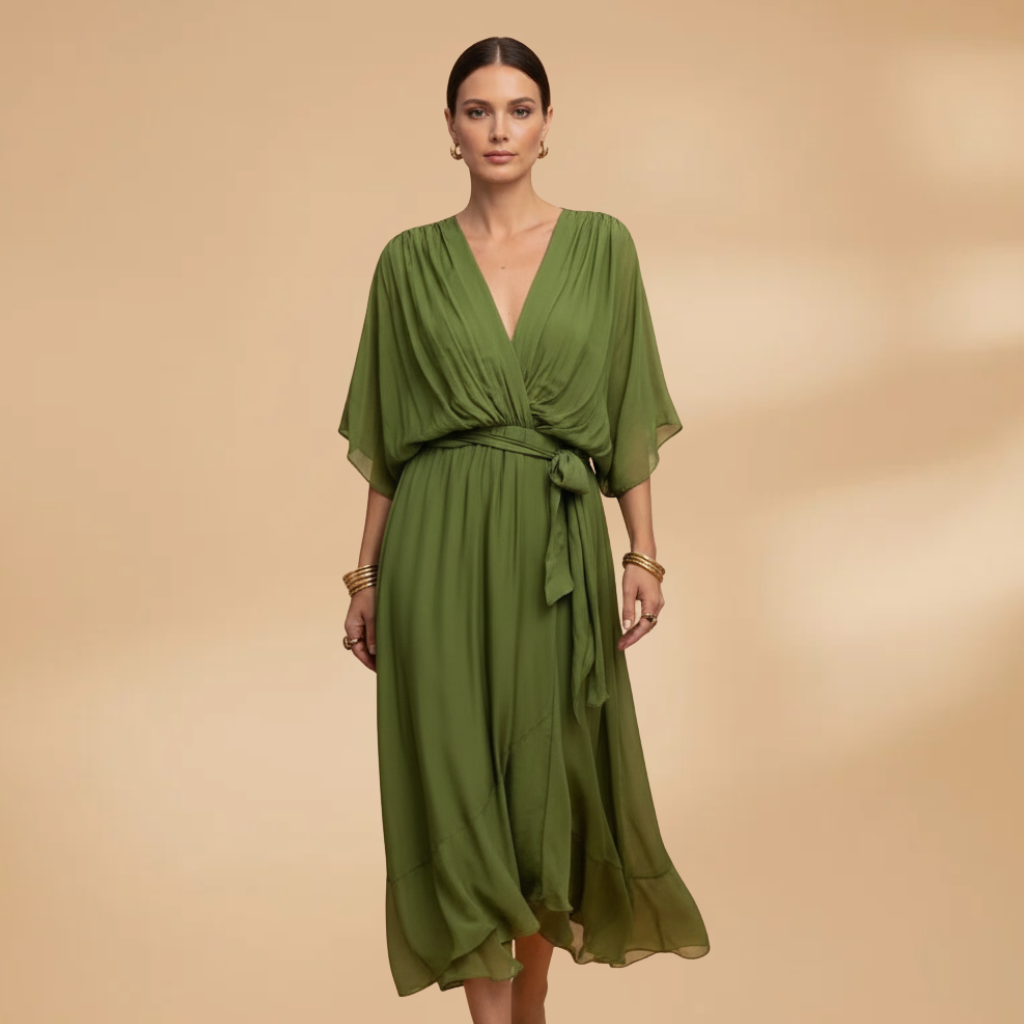 Isabella | Women’s V neck chiffon dress with flowing skirt