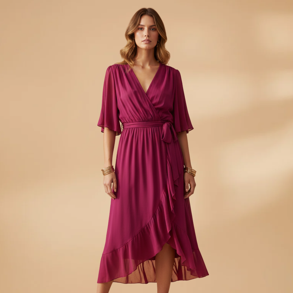 Isabella | Women’s V neck chiffon dress with flowing skirt