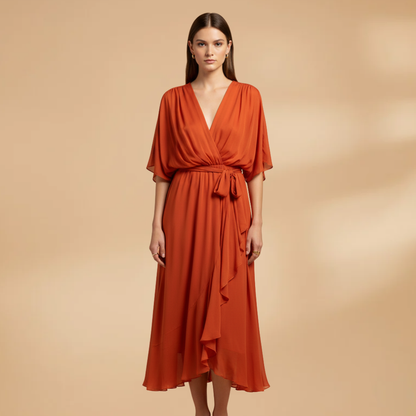 Isabella | Women’s V neck chiffon dress with flowing skirt