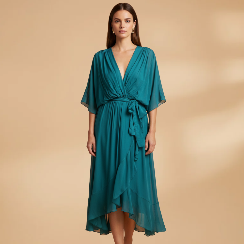 Isabella | Women’s V neck chiffon dress with flowing skirt