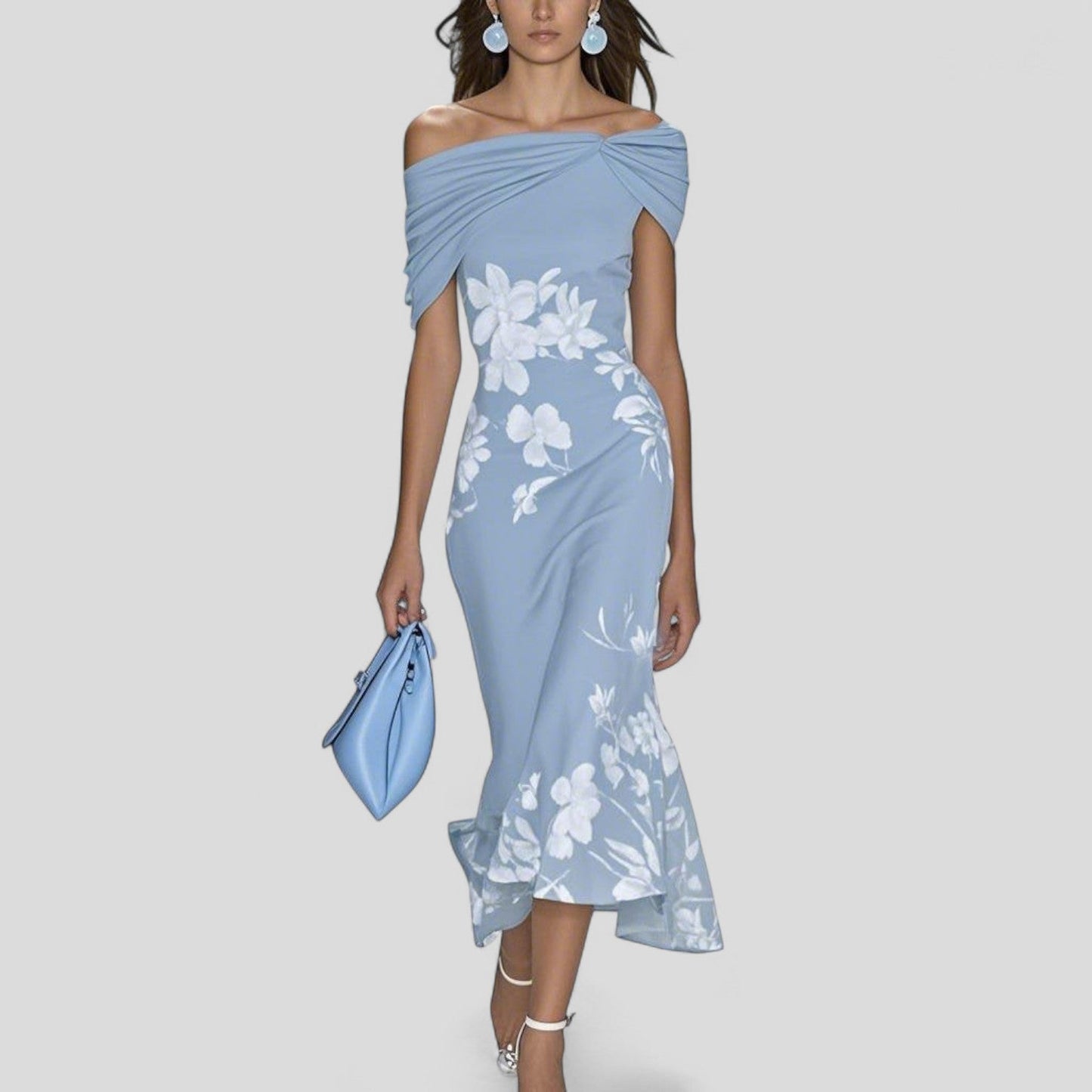 Raviena | Women Elegant Off Shoulder Midi Dress with Floral Print and Fitted Silhouette