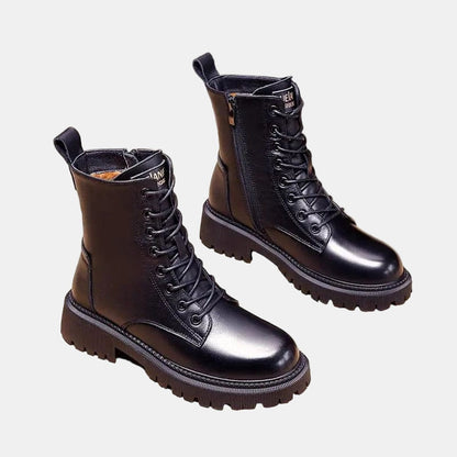 livia | Women's Fleece-Lined Combat Ankle Boots with Lace-Up Design