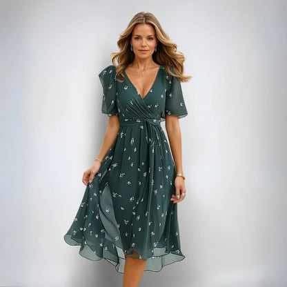 Lorveta | Women V Neck Midi Dress with Short Sleeves and Flowy Wrap Design