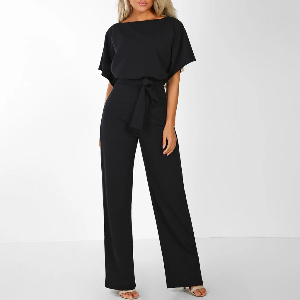 Ella | Women's Wide Leg Belted Jumpsuit with Short Sleeves