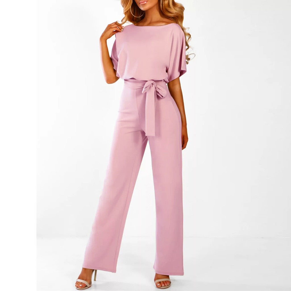 Ella | Women's Wide Leg Belted Jumpsuit with Short Sleeves