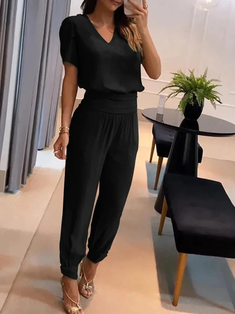 Orlina | Women Casual Two Piece Set with V Neck Top and Loose Pants