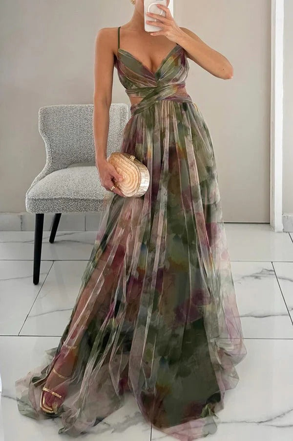 Mia | Floral Long Elegant Dress with Spaghetti Straps and Twist Front