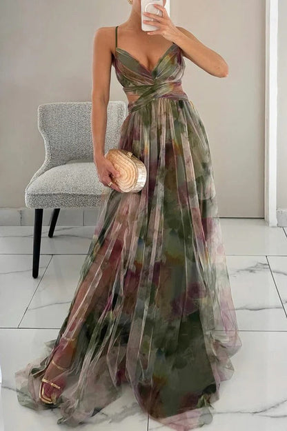 Mia | Floral Long Elegant Dress with Spaghetti Straps and Twist Front