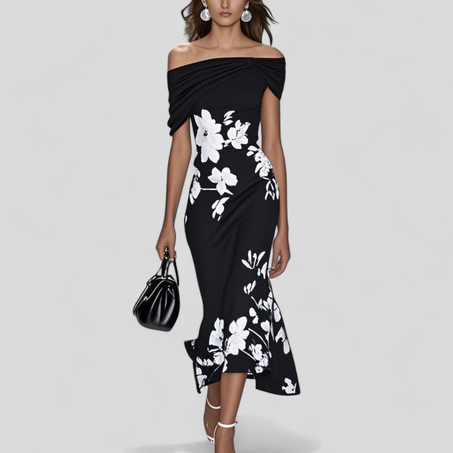 Raviena | Women Elegant Off Shoulder Midi Dress with Floral Print and Fitted Silhouette