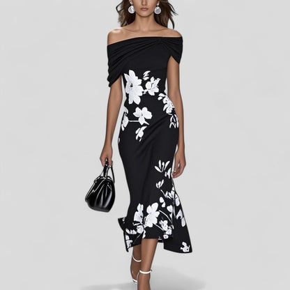 Raviena | Women Elegant Off Shoulder Midi Dress with Floral Print and Fitted Silhouette
