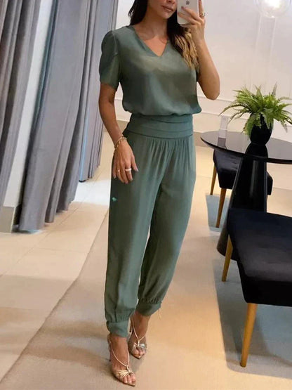 Orlina | Women Casual Two Piece Set with V Neck Top and Loose Pants
