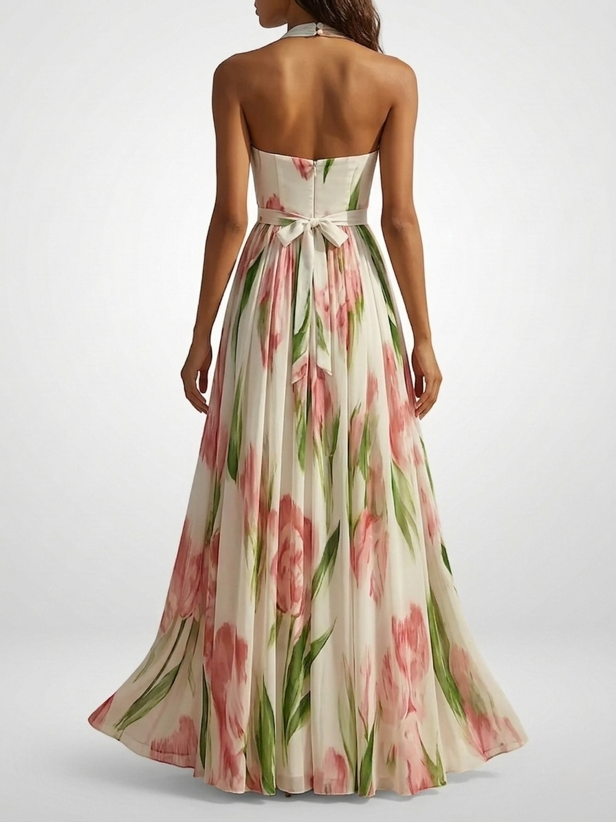Scarlett | Women’s chiffon floral watercolor maxi dress with halter
