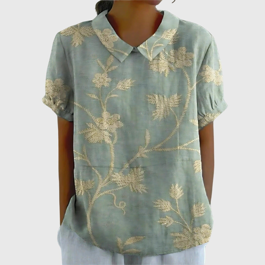 Ivy | Floral Blouse with Short Sleeve Button Front Design