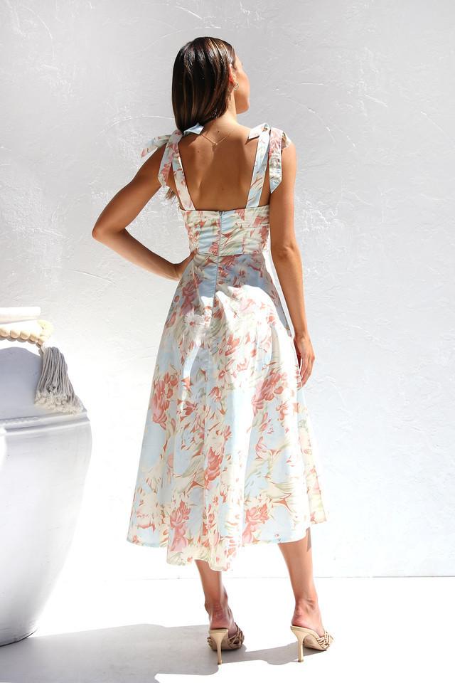 Lily | Pastel floral midi dress with ruched tie shoulder
