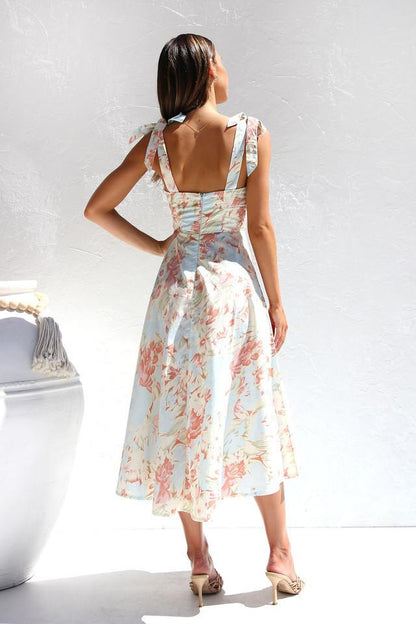 Lily | Pastel floral midi dress with ruched tie shoulder