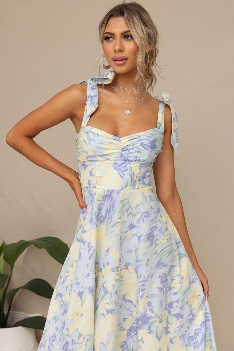 Lily | Pastel floral midi dress with ruched tie shoulder