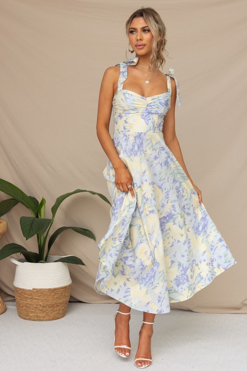 Lily | Pastel floral midi dress with ruched tie shoulder