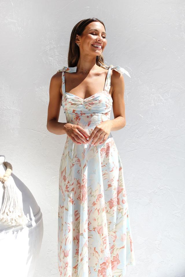 Lily | Pastel floral midi dress with ruched tie shoulder
