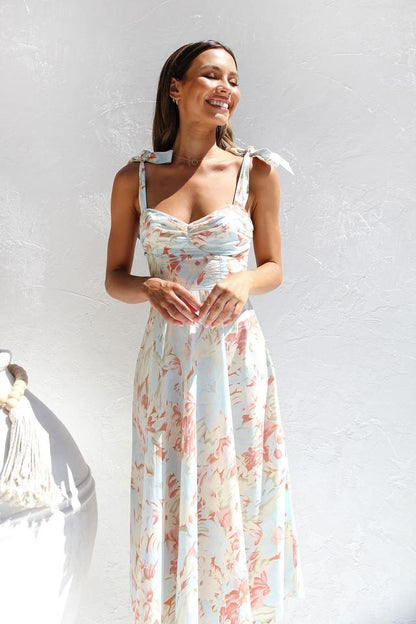 Lily | Pastel floral midi dress with ruched tie shoulder