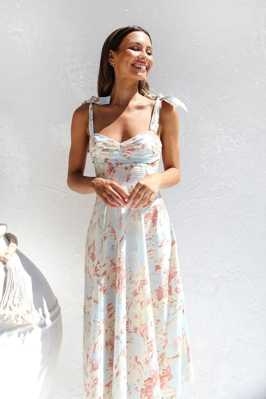 Lily | Pastel floral midi dress with ruched tie shoulder