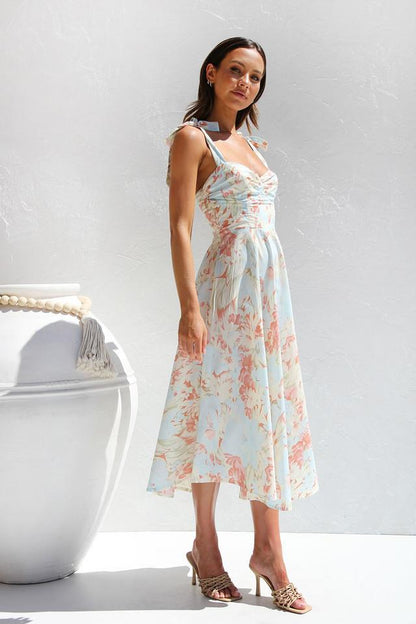 Lily | Pastel floral midi dress with ruched tie shoulder