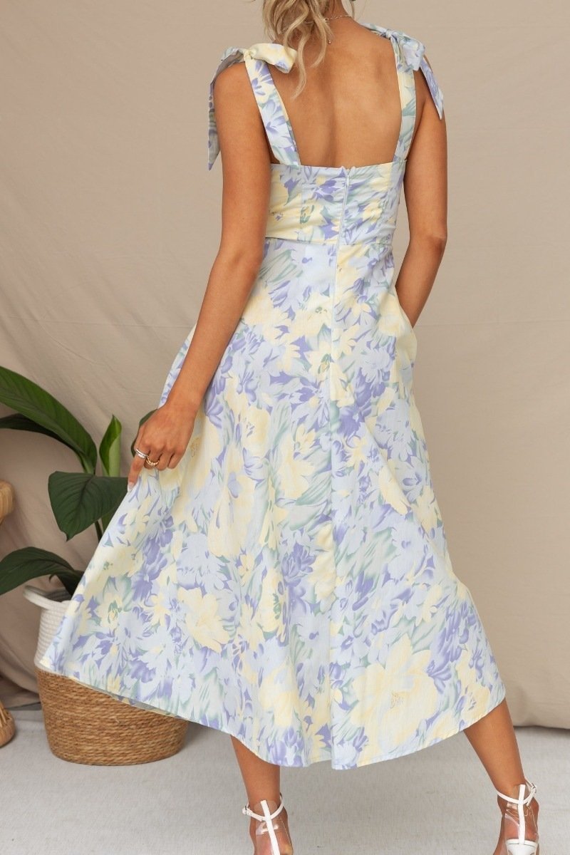 Lily | Pastel floral midi dress with ruched tie shoulder