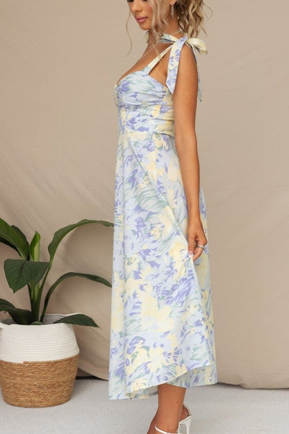 Lily | Pastel floral midi dress with ruched tie shoulder