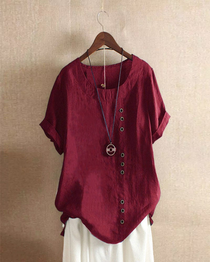 Xaria | Women’s Elegant  Round-Neck Blouse  with Short-Sleeve | Button
