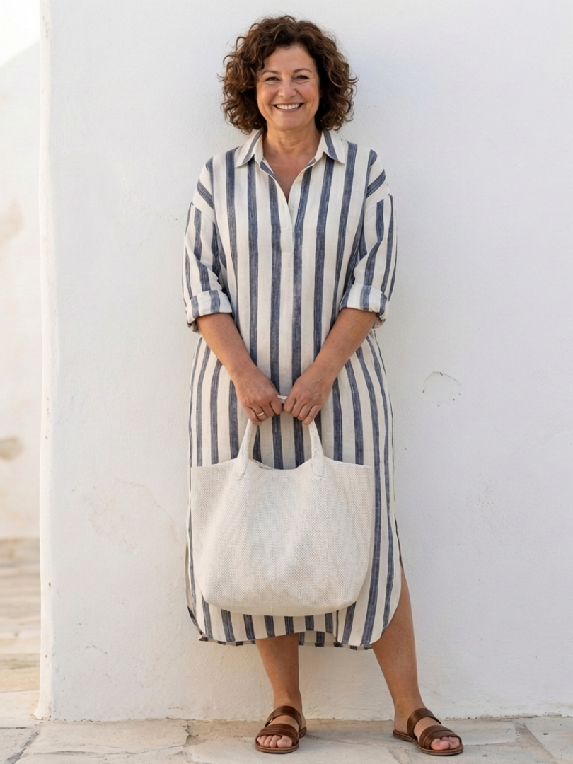 Yvonne | Women’s Striped Midi Shirt Dress With Long Sleeves