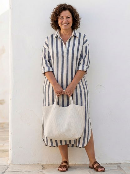 Yvonne | Women’s Striped Midi Shirt Dress With Long Sleeves