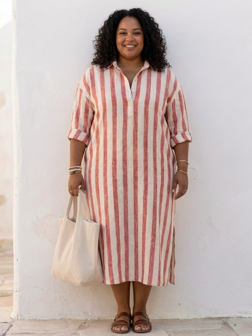 Yvonne | Women’s Striped Midi Shirt Dress With Long Sleeves