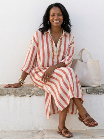 Yvonne | Women’s Striped Midi Shirt Dress With Long Sleeves