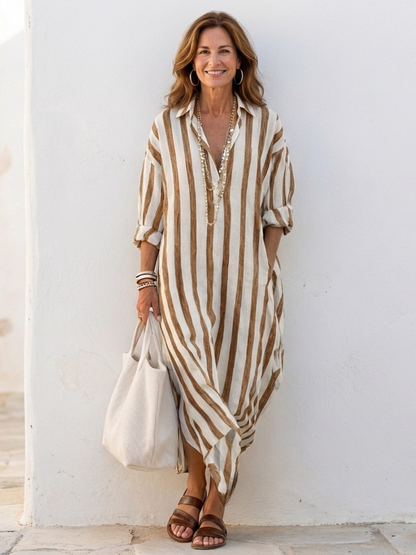 Yvonne | Women’s Striped Midi Shirt Dress With Long Sleeves