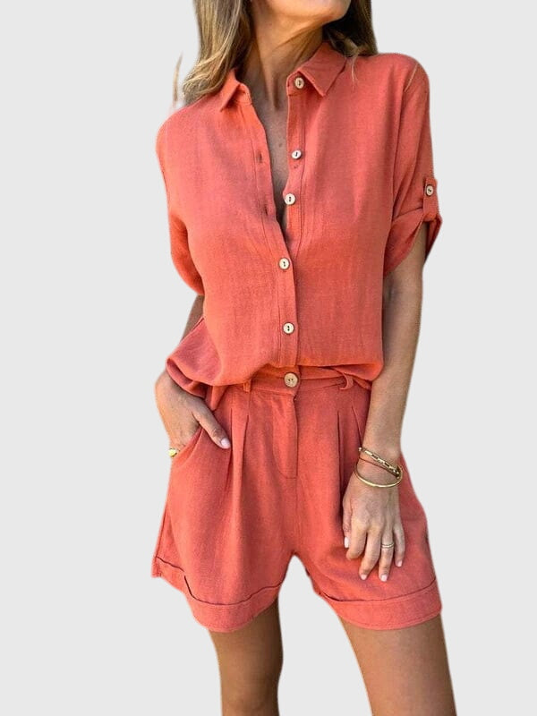 Elvoria | Women Casual Summer Outfit with Short Sleeve Shirt and Matching Shorts Set