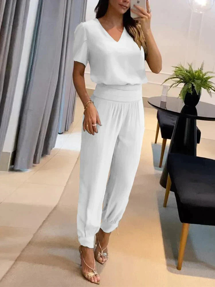Orlina | Women Casual Two Piece Set with V Neck Top and Loose Pants