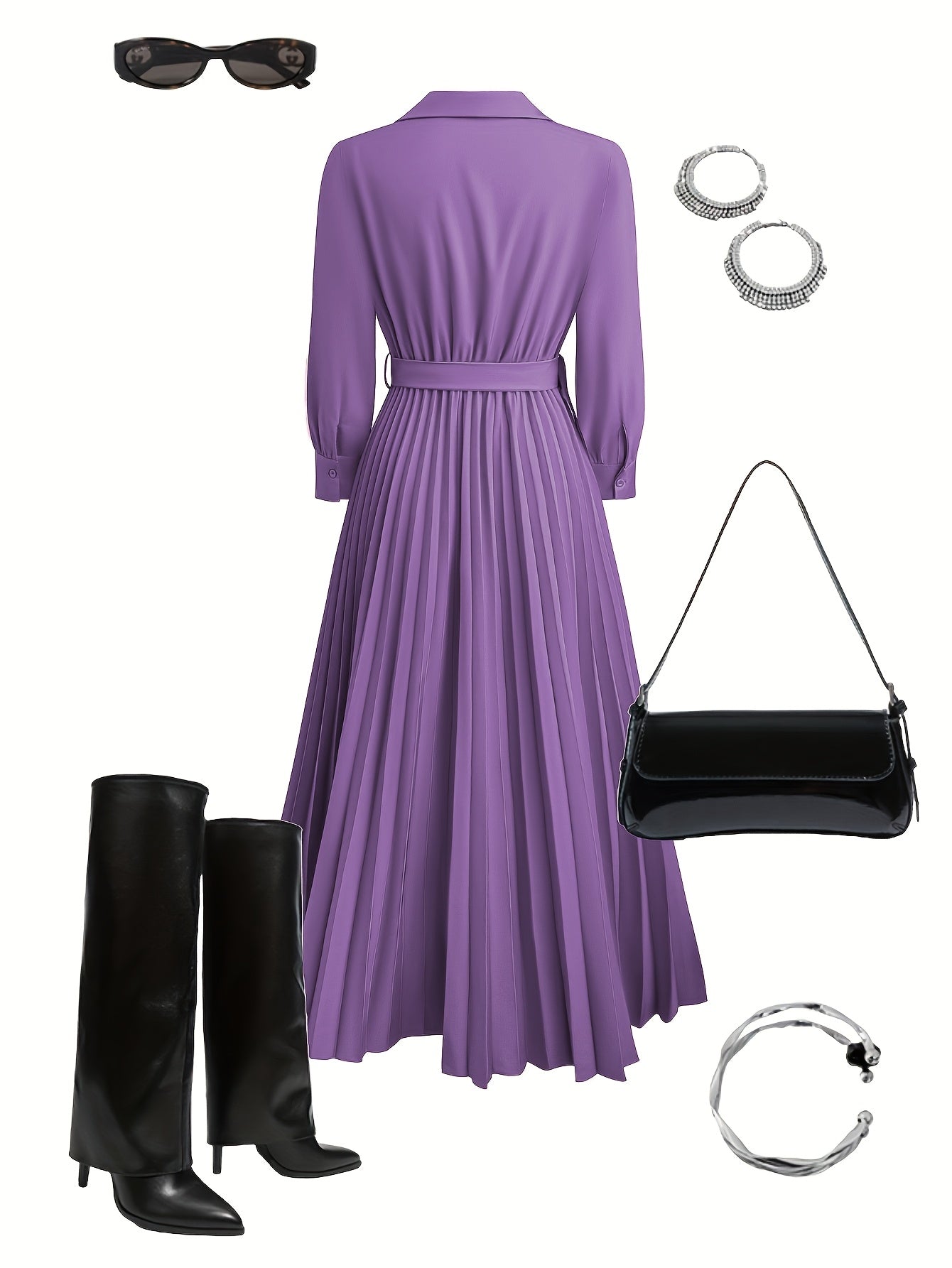 Aurora | Pleated Belted Midi Dress with Long Sleeves