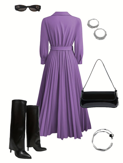 Aurora | Pleated Belted Midi Dress with Long Sleeves