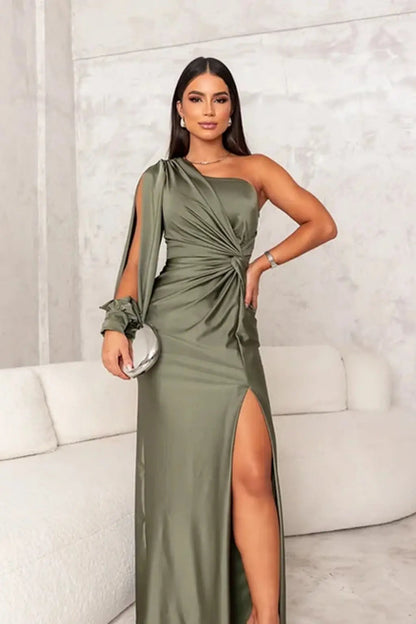 Monroe | One shoulder maxi dress with draped sleeve slit