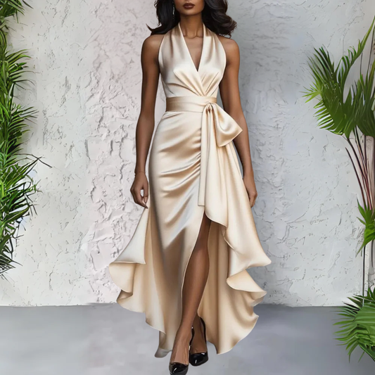 Laura | Women’s Halter Neck Maxi Dress With Draped Silhouette