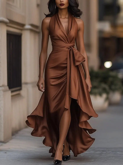 Laura | Women’s Halter Neck Maxi Dress With Draped Silhouette
