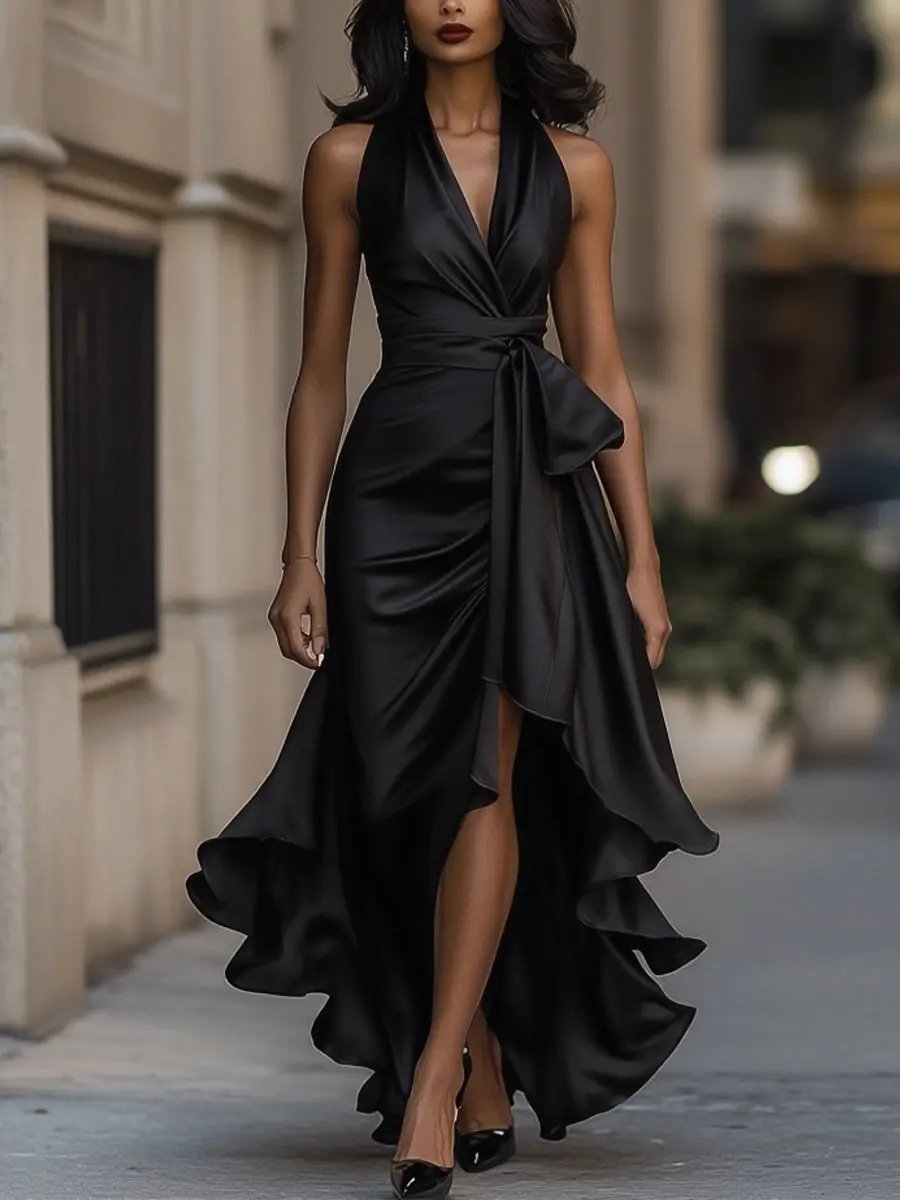 Laura | Women’s Halter Neck Maxi Dress With Draped Silhouette
