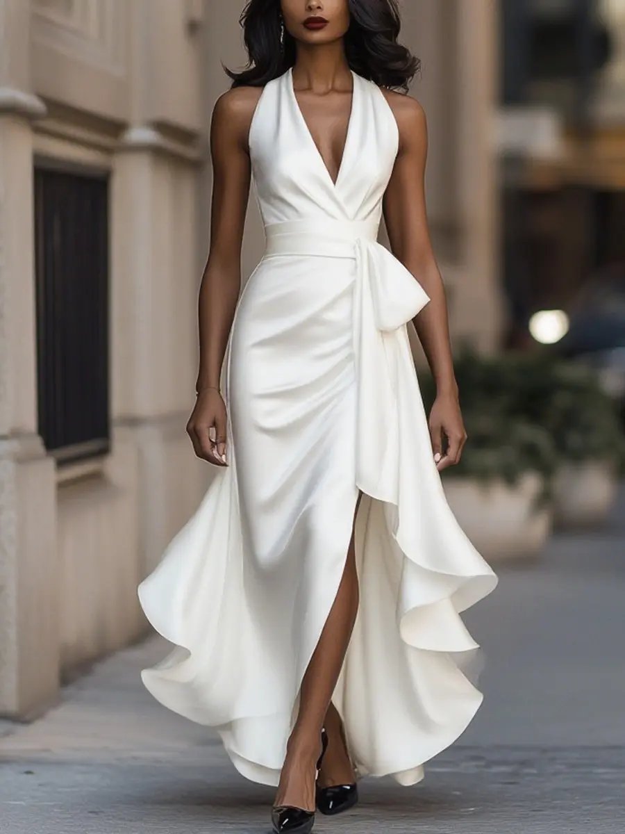 Laura | Women’s Halter Neck Maxi Dress With Draped Silhouette