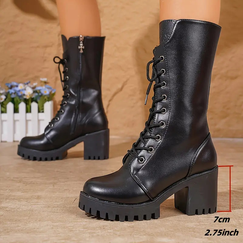 Lily | Women's Black Combat Knee-high Boots with Chunky Heel and Laces