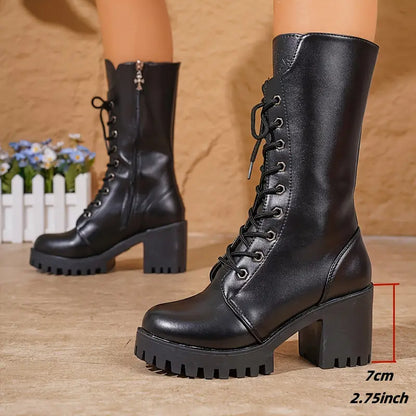 Lily | Women's Black Combat Knee-high Boots with Chunky Heel and Laces