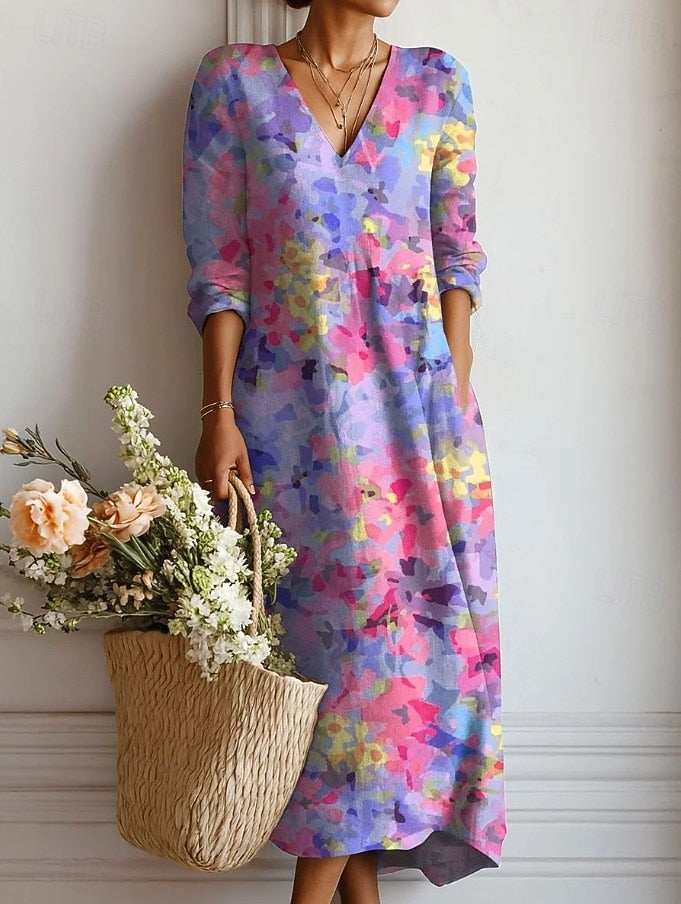 Kimberly | Women’s Floral Midi Dress With V Neck Long Sleeves