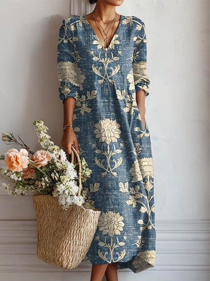 Kimberly | Women’s Floral Midi Dress With V Neck Long Sleeves